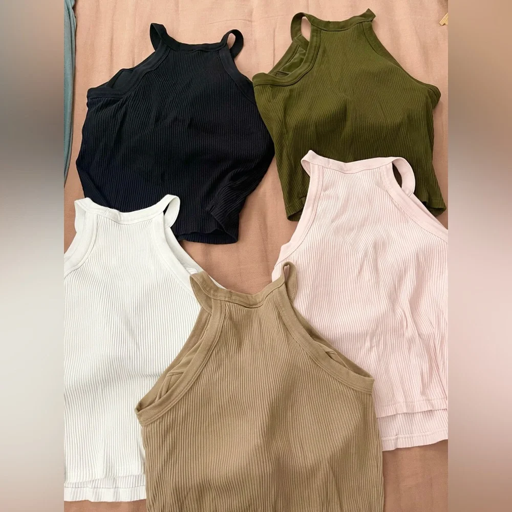 Uniqlo Women's Ribbed Tank built in bra White, Pink,Olive,Tan&black. 5 tops - Picture 3 of 12